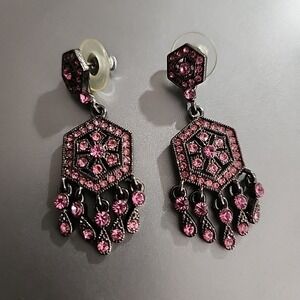 VTG inspired Pink Chandelier Earrings Stones Bronze Tone Dangle‎ Pierced